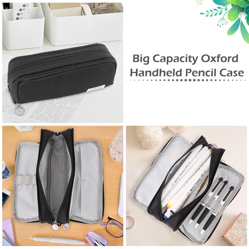 Oyachic 3 Compartment Pencil Case Large Capacity Pen Pouch Oxford Storage Bag Cosmetic Makeup Case for Men Women Adults Travel Business Office (Black) - Image 3