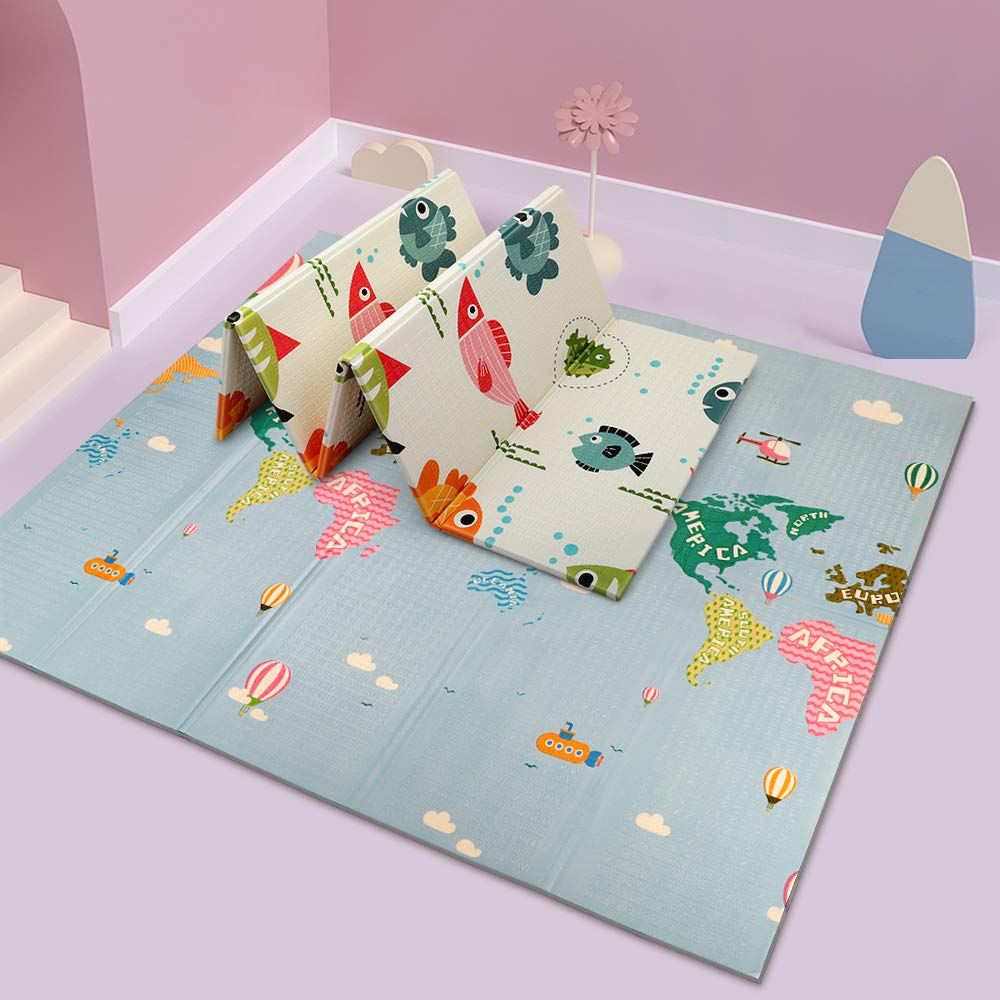 OUNUO Tappeto da Gioco per Bambini, Neonato, Gattonamento Pieghevole 200 x 180 cm, XPE Schiuma/Portatile Reversibile per Pavimento Antiscivolo (200 * 180CM)