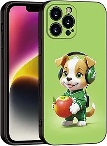 Charming Cartoon Dog for iPhone 16 pro max Case - Playful Pup in Green Headphones & Sporty Outfit Holding Apple | Trendy Slim Protection for Girls & Women(B1-Cartoon Cute Dog)