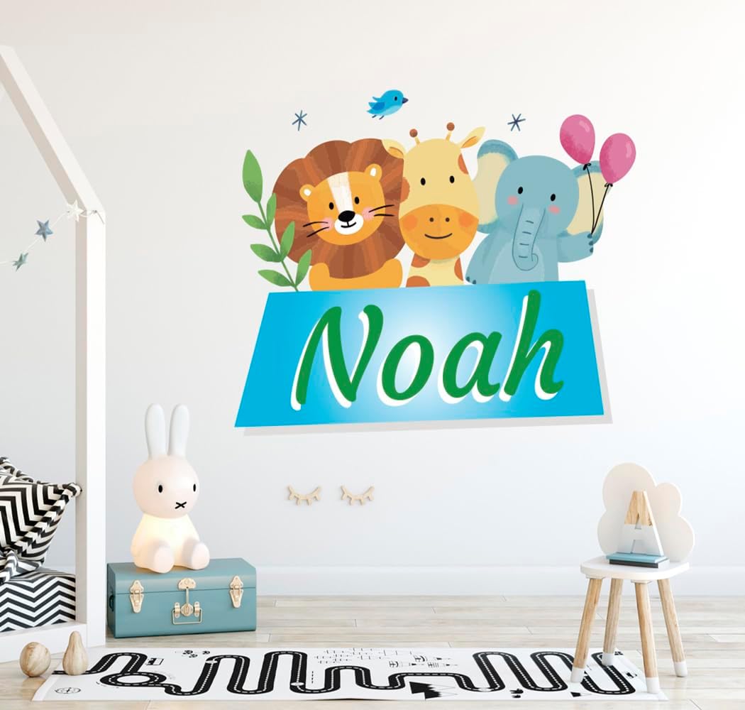 Custom Name Lion Giraffe Elephant Wall Decals - Animals Wall Decals Peel and Stick - Animals Custom Name Vinyl Wall Decal Sticker - Wall Decal for Nursery Bedroom playroom Decor (Wide 20"x17" Height)