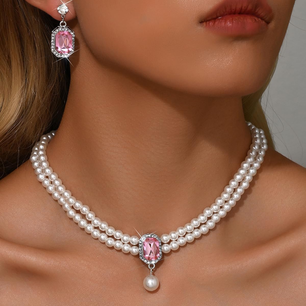 Kercisbeauty Gemstones Earrings Pearl Choker Jewelry Set for Wedding Brides image 2