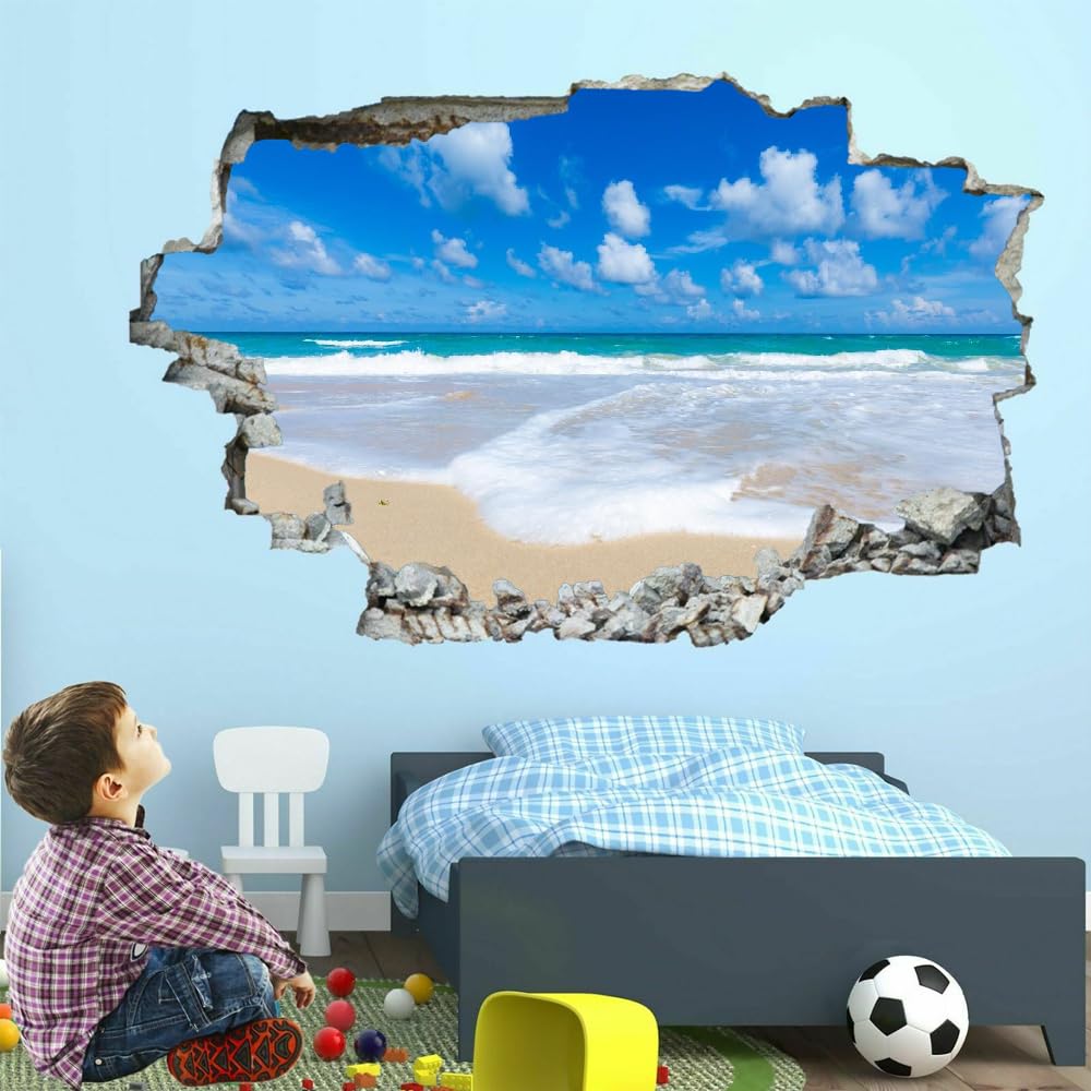 Sticker Mural 3D Décor De Chambre Décalcomanie De Chambre À Coucher Plage Tatouage Mural Ciel Bleu Et Nuages Blancs Autocollant De Décor Pour La Décoration Intérieure Art Fenêtre Peintures Murales