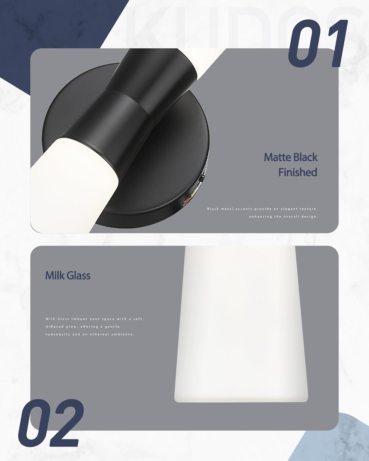 kudos Bathroom Sconces Set of 2, 16inches Black Vanity Light Fixtures, Modern Bathroom Light Fixtures with Milk White Glass, Dimmerable 3000K/4000K/5000K for Bedroom Hallway, KDVL13-BK-2PK