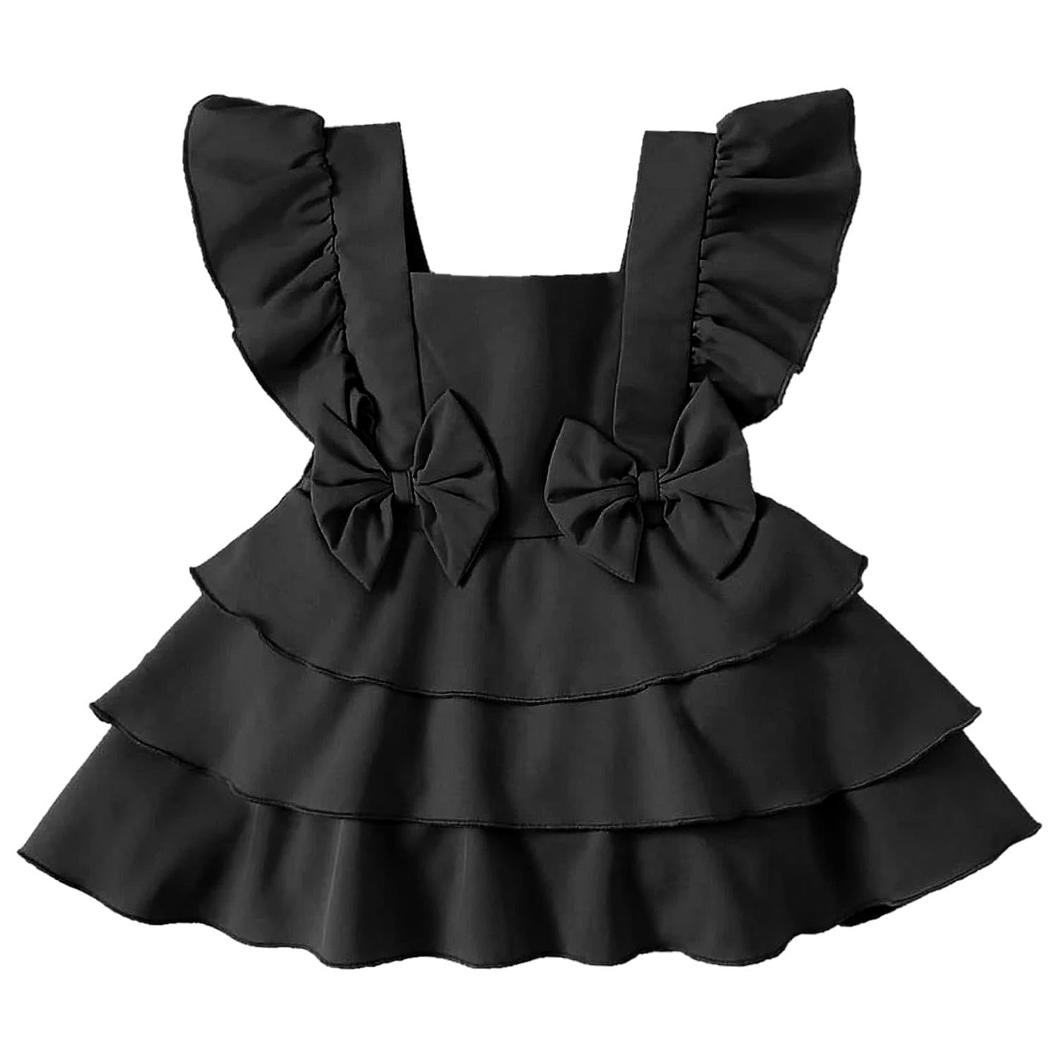 Baby Bow Front Square Neck Layered Hem Bodysuit Dress for Girls | Ruffle Dress for Baby Girls | Breathable Kids Frock & Dresses for Babies (in, Age, 3 Months, 6 Months, Regular, Black)-image-19