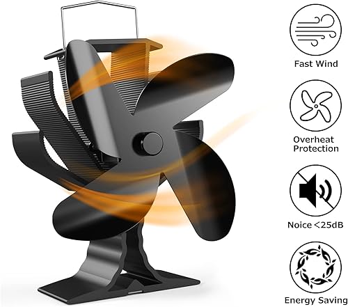 Miniatura 4 de Ventilador de estufa de leña alimentado por calor, ventilador de chimenea de 4 aspas con soporte compatible con calentador Buddy, ventilador de