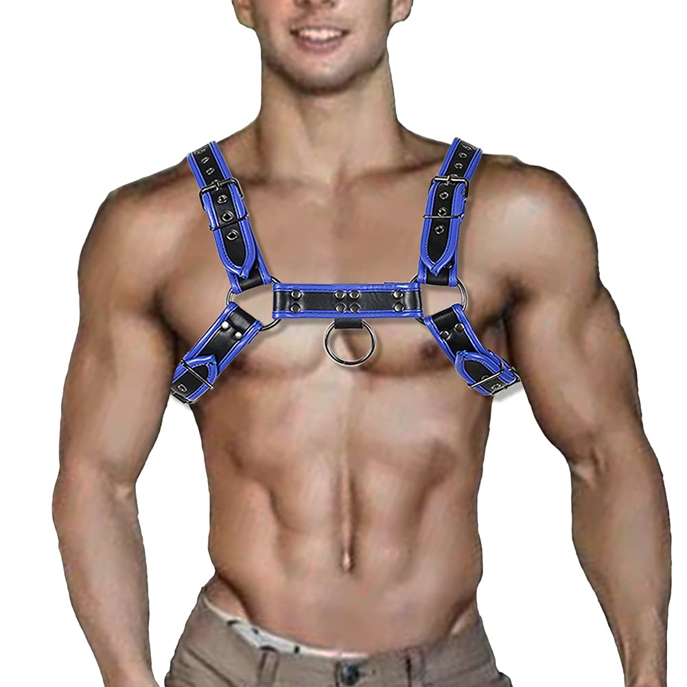 QUYUWOWO Adjustable Leather Body Chest Half Harness Punk Belt Clubwear Costume, Blue, Adjustable