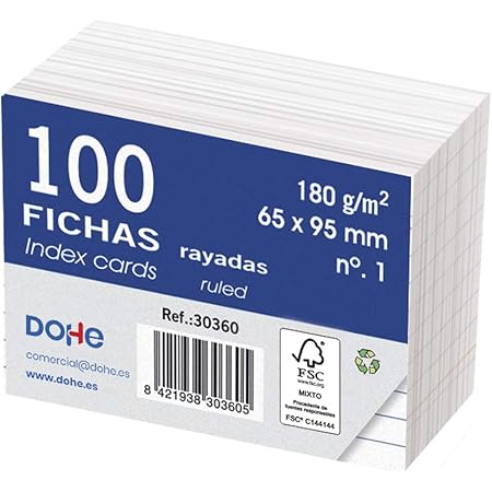 Fiches Cartonnées Offset Blanches 180g - Format 160x215mm, Lignées - Paquet De 100 - Certification FSC