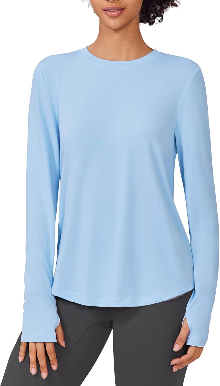 PINSPARK Soft Long Sleeve Workout Tops for Women Thumb Holes UV Sun Protection Quick Dry Golf Running Hiking Rash Shirts X-Large Light Blue