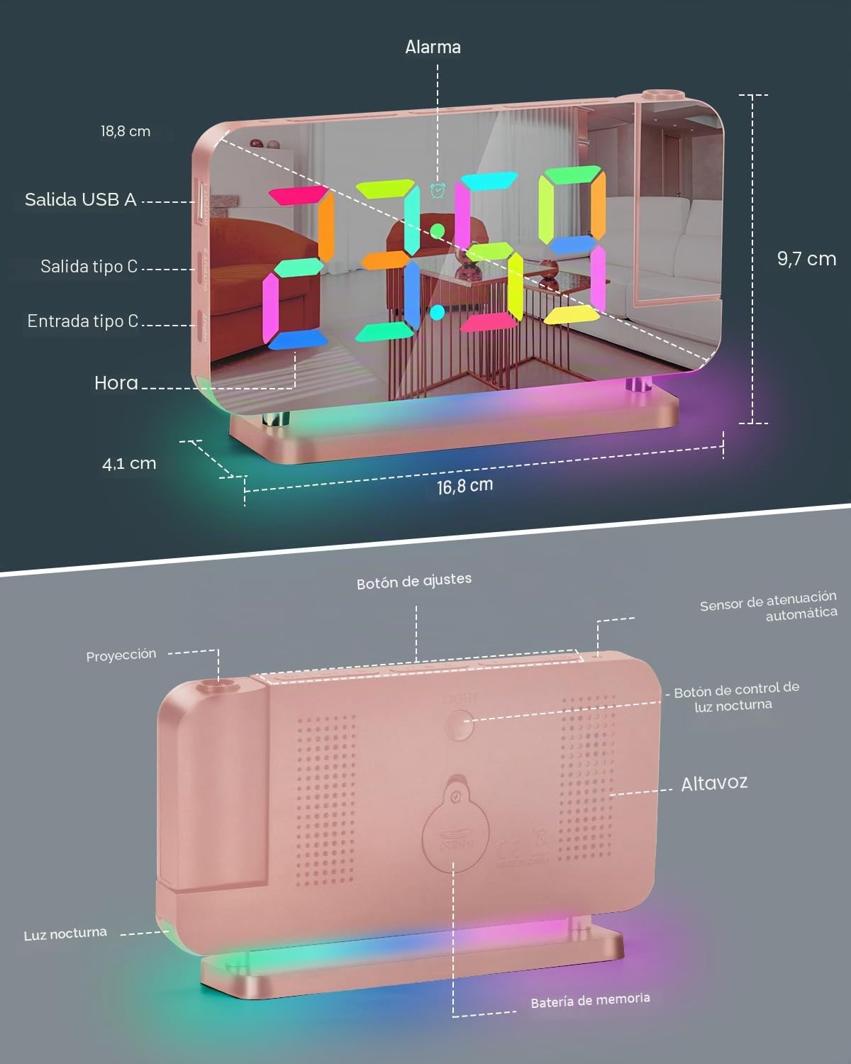 SZELAM Reloj despertador con proyección LED de 7,4 pulgadas, con proyección en la pared del techo, con luz nocturna RGB, puerto de carga USB C, atenuación automática, reloj de escritorio moderno para