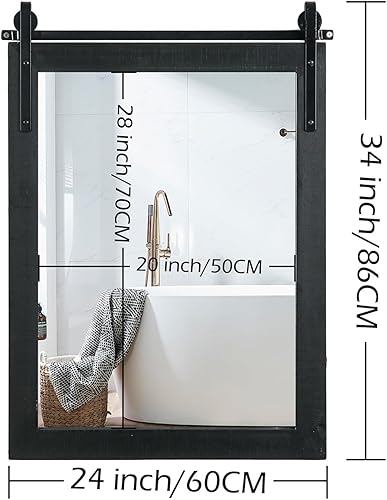 Miniatura 2 de Espejo de pared rústico con marco de madera de granja, 24 x 34 pulgadas, acabado negro, diseño inspirado en puerta de granero para decoración de
