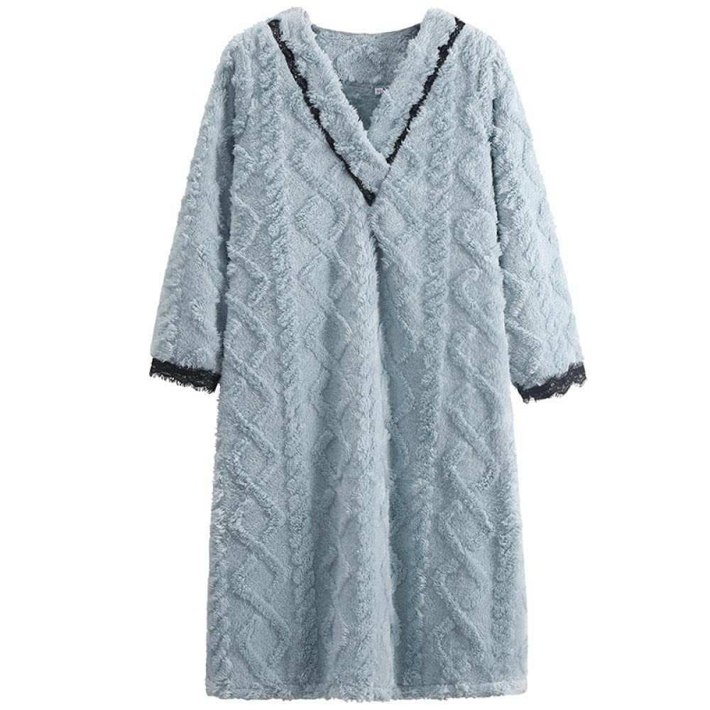 Nachthemden Für Damen,Damen-Nachthemden Blau Flanell V-Ausschnitt Rhombus Streifen Spitze Schlafhemd Weiche Bequeme Lange Ärmel Nachthemd Nachtwäsche Loungewear Für Damen Mädchen Pyjama Party W