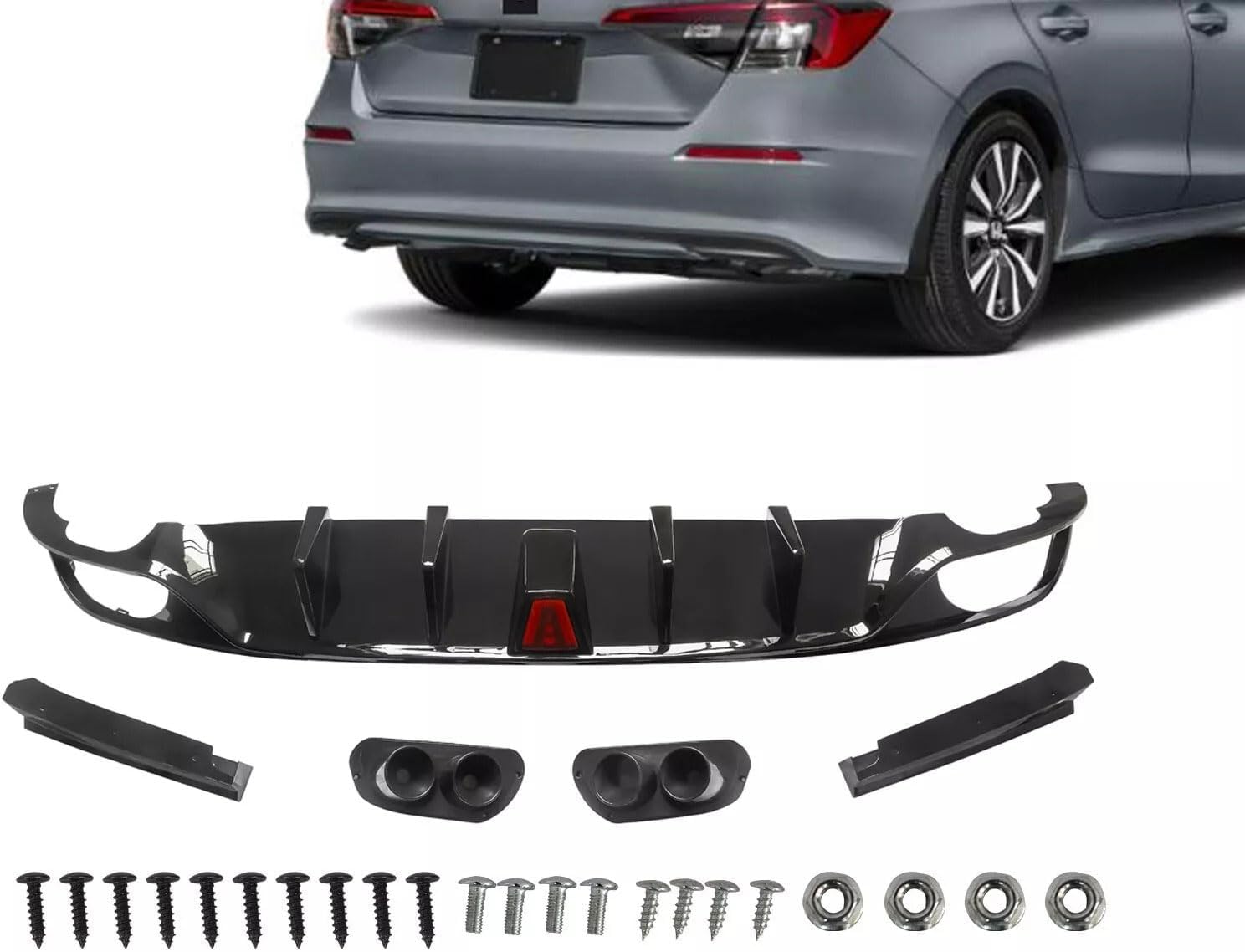 Rear Diffuser with Red Brake Lights Compatible with 2022-2025 11th Honda Civic Sedan EX LX Sport Rear Bumper Lip Valance Spoiler Diffuser Air Dam Chin Splitter Molding Gloss Black