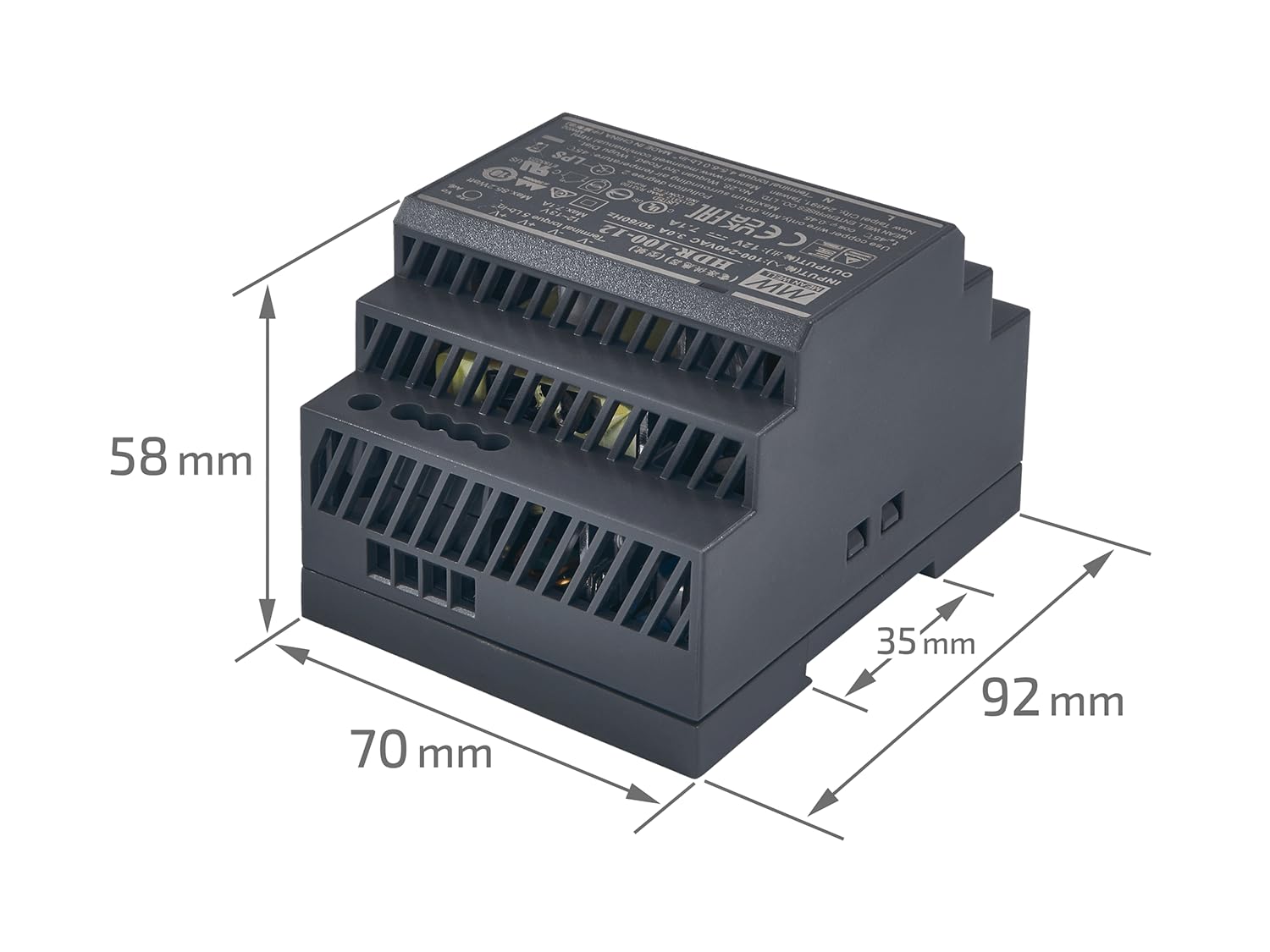 Industrieschienen Trafo DIN Mean Well - Hutschienen Netzteil mit 12V, 100Watt, 7.1A - Schutzart IP20 - Hutschienen Netzteil DIN-Rail - Überspannungsschutz - Passivkühlung - 58x70x92mm