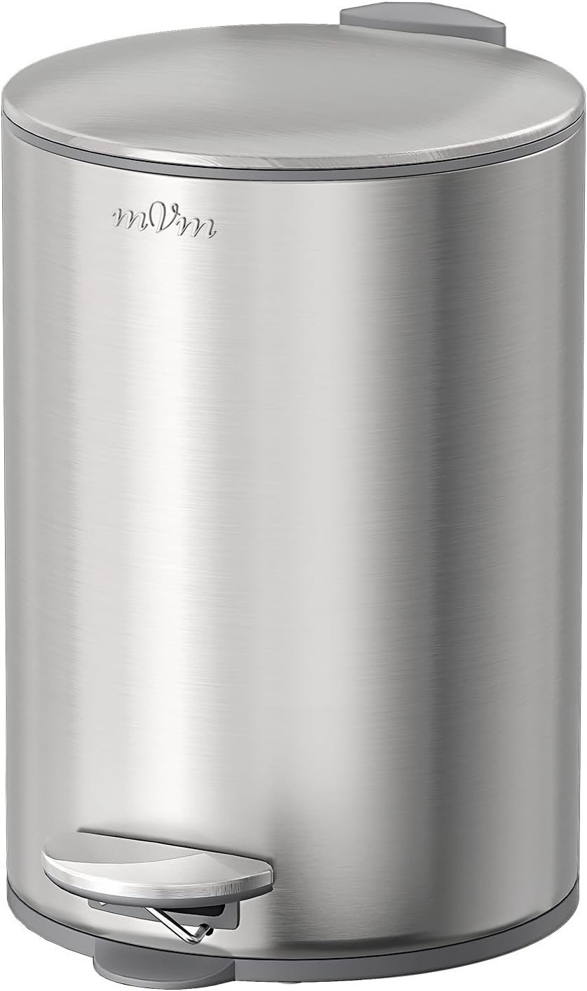 mVm Kitchen Trash Can,5.3 Gallon/20 Lliter Step Round Trash Can with Lid And Foot Pedal,Anti-Fingerprint,Soft-Close.Brushed Stainless Steel Garbage Can For Bathroom,Bedroom,Office,Living Room (Silver)