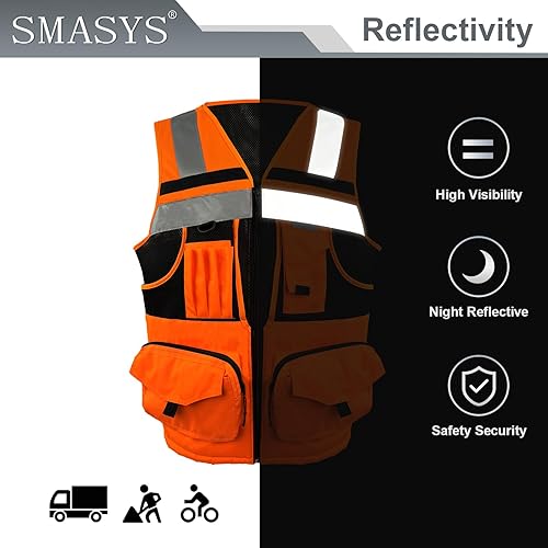 Miniatura 5 de SMASYS Chaleco de seguridad Hi Vis con cinta reflectante 3M, tejido de punto y tela Oxford con bolsillos, ropa de trabajo de construcción
