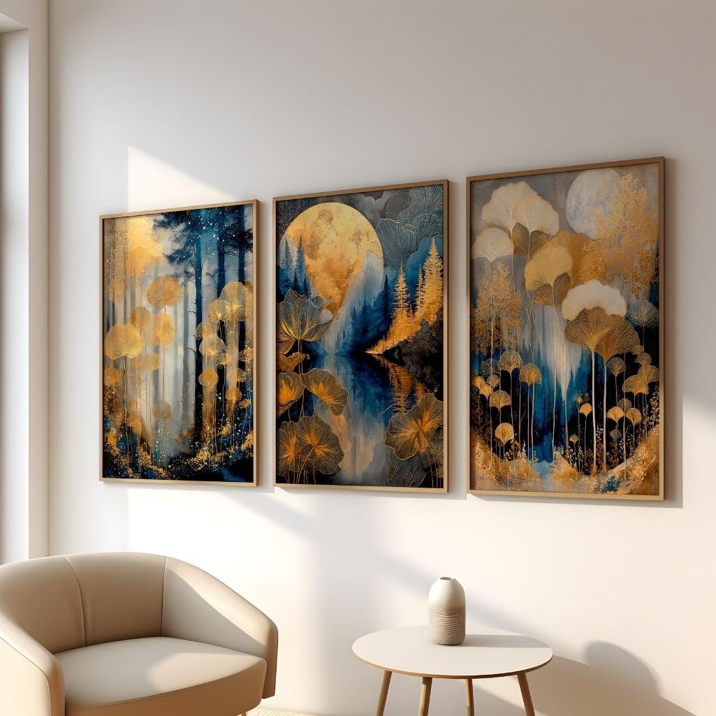 ARTINSPIRIO Blaues Gold Botanisches Wandbild 3er-Set, Natur Landschaft Kunstdrucke, Elegant, für Wohnzimmer, Schlafzimmer & Esszimmer Ohne Rahmen (A2)