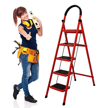 Cheston Premium MS Steel Ladder for Home 5 Steps Foldable I 5.1' FT Anti Skid Step Ladder with Wide Pedal & Hand Grip I Shock-Resistant Stool That Supports 150+ Kgs (Red & Black)
