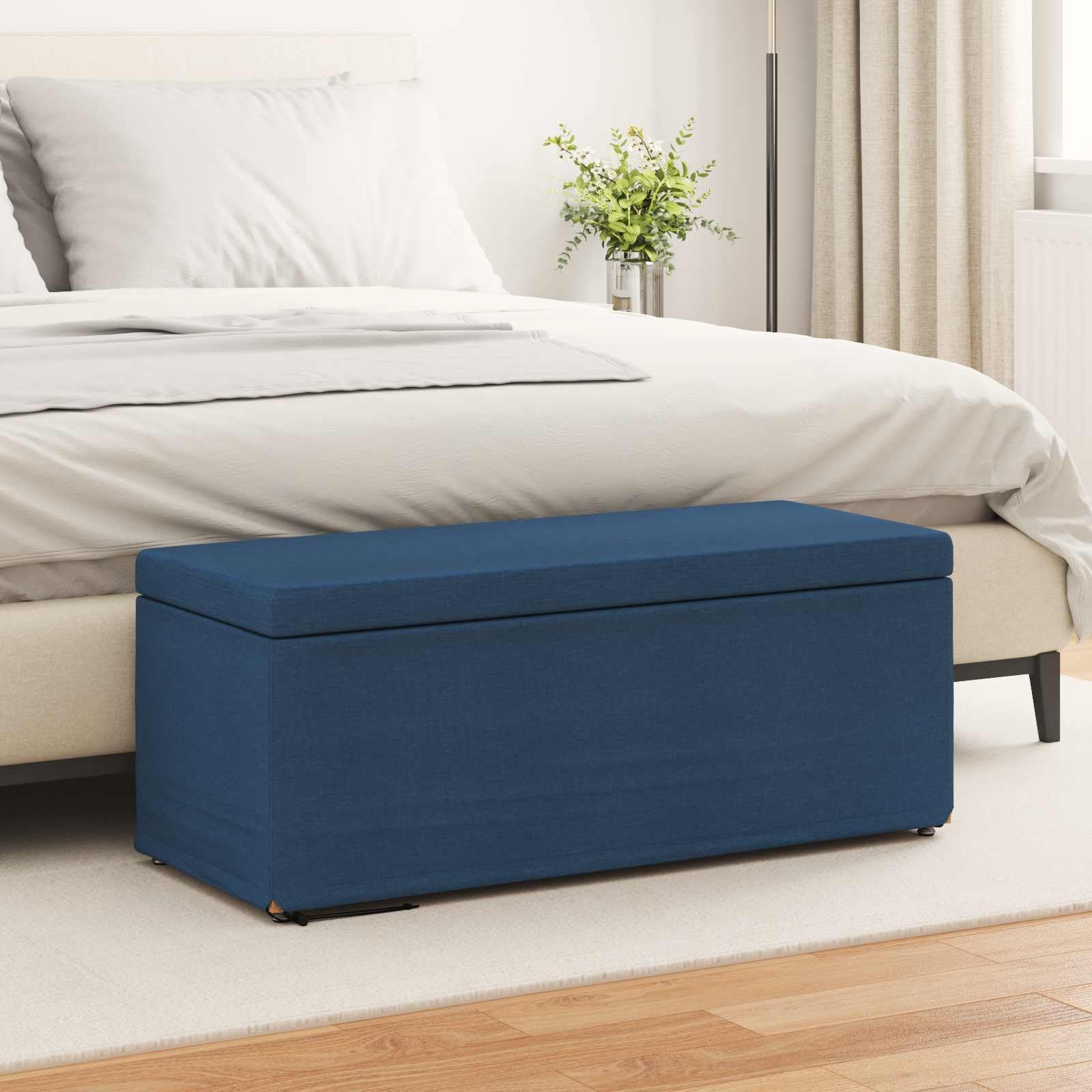 Pouf bleu en tissu avec pieds en chignon et assise douce, meuble d'appoint 101 cm