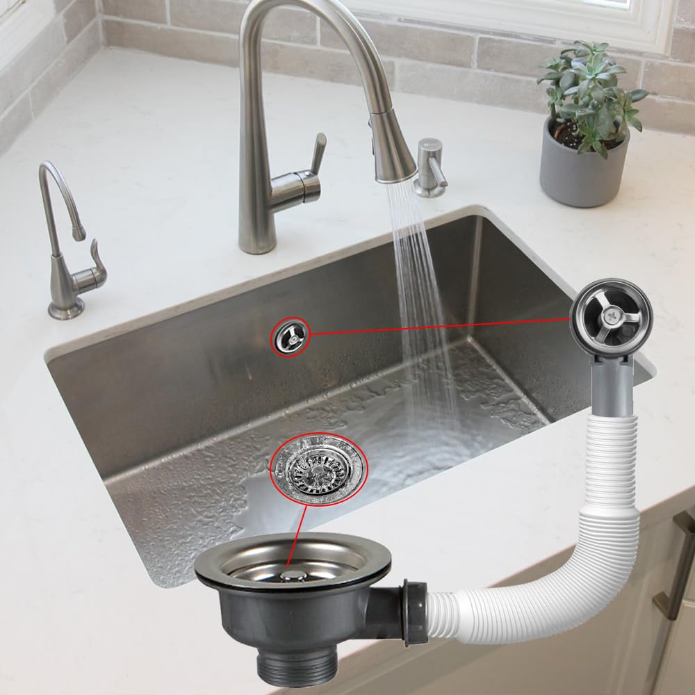 Piletta Lavello Cucina 114 mm Scarico Lavello Cucina 304 Acciaio Inossidabile Filtro per Cestello 1½" con 45mm Vite Lunga e Troppopieno