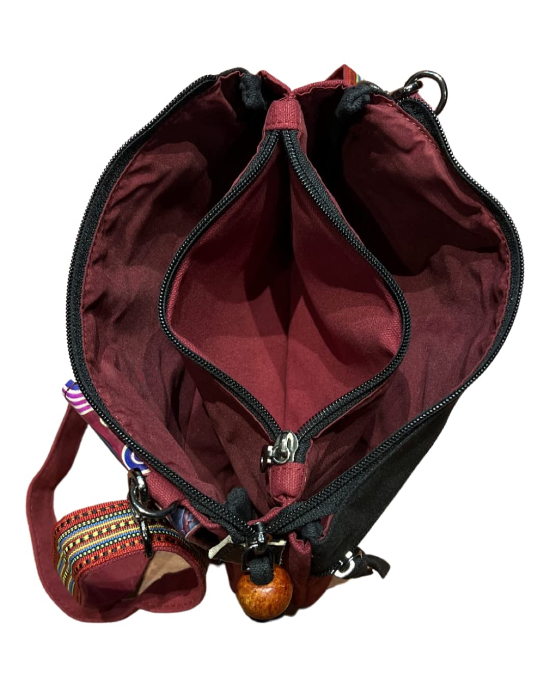 Macha Bolso pequeño de algodón étnico con estampados coloridos e inserciones de cuero, Bolso de hombro de algodón y cuero indio étnico para mujer. (Burdeos)