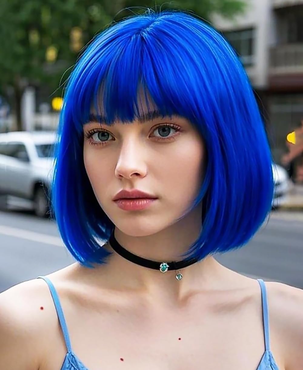 Colorfulpanda Short Blue Bob Wig with Fringe for Women Halloween Costume Cosplay Party or Daily Wear,Natural Looking Silky Straight Synthetic Heat Resistant Hair Wig,Coraline Costume