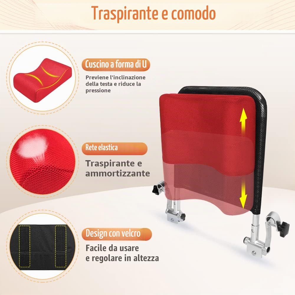 Poggiatesta per sedia a rotelle Supporto per il collo Imbottitura testa Cuscino portatile e regolabile per 16-20" Accessori per viaggio universale sedie a rotelle per adulti (rosso)