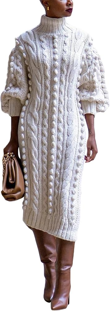 Sweater Dress for Women High Neck Long Sleeve Casual Cable Knit