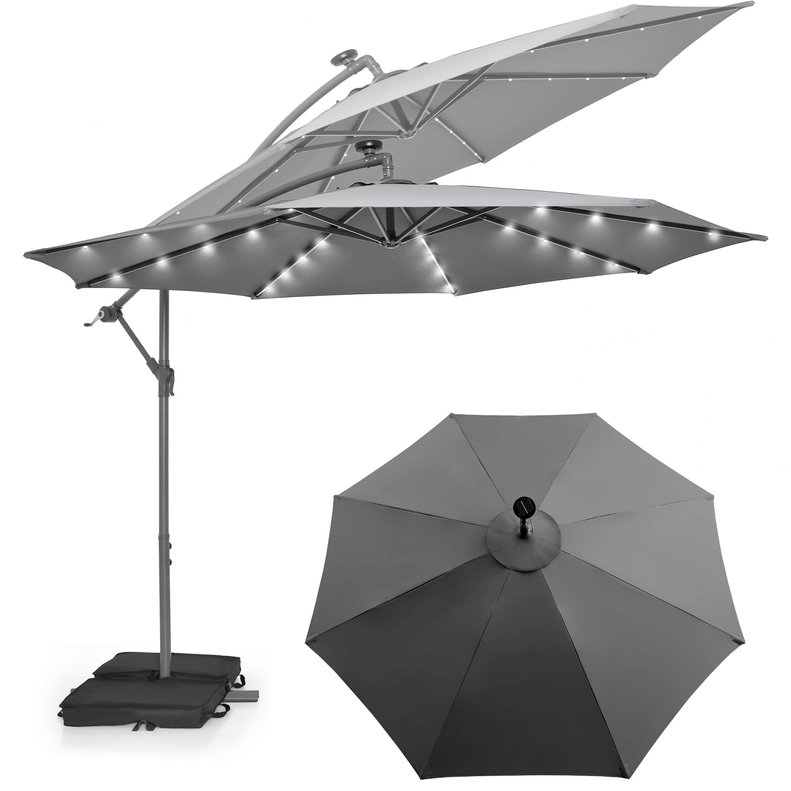KOMFOTTEU Parasol Déporté Rond 3x3M inclinable, avec Pied & LED