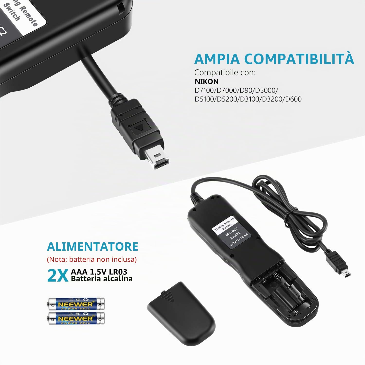 Neewer Digitale LCD Timer Telecomando MC-DC2 in Sostituzione per Nikon D90 D600 D610 D3100 D3200 D3300 D5000 D5100 D5200 D5300 D7000 Fotocamere Digitali SLR