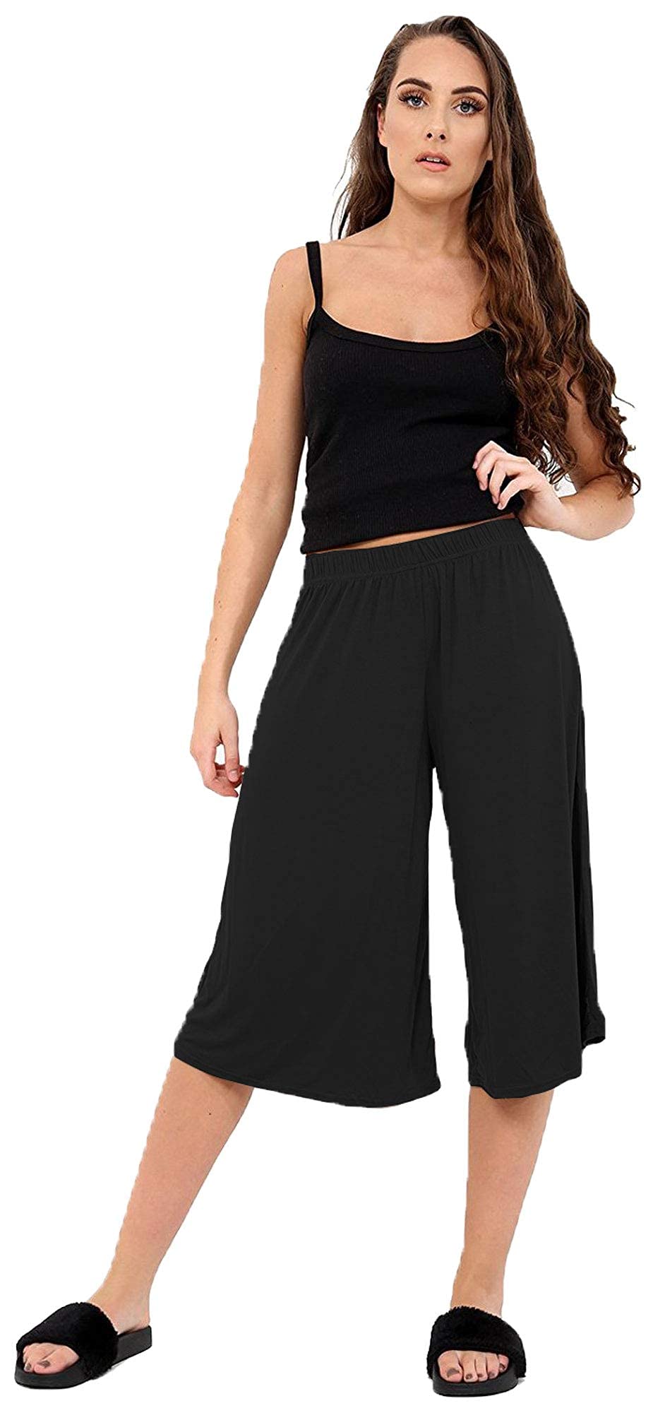 STAR FASHIONLadies Culottes Palazzo Shorts Wide Leg Flared Elasticated Stretchy Loose Short Trousers Pants Casual Womens 3/4 Length Plain Culottes Shorts 8-26