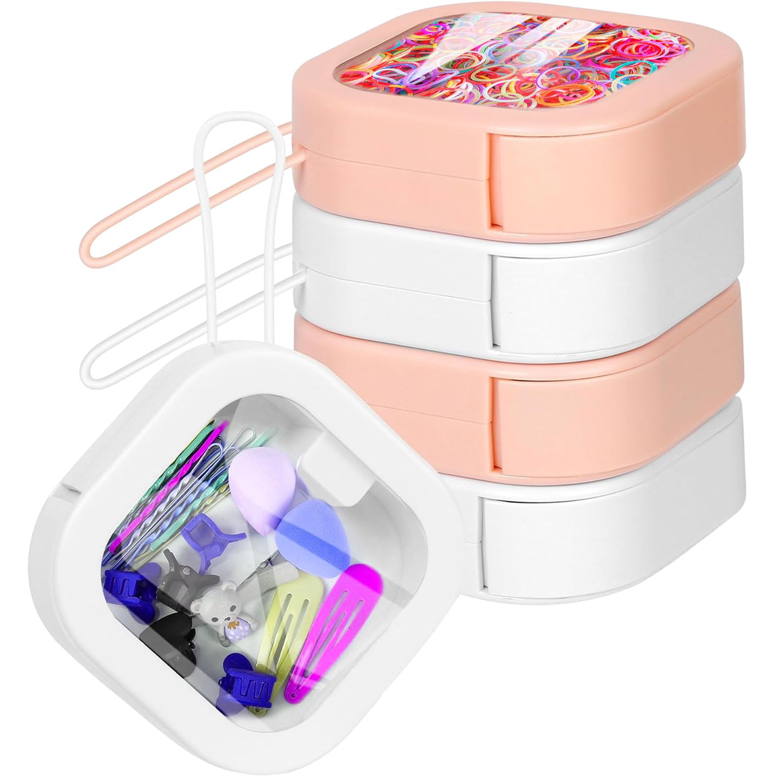 FOWSRHRG Hair Tie Organizer Box, 4pcs Floss Storage Small Portable Hair Cubes Travel, Bathroom Container for Cirds, Pilll, Bobby Pins, Q-tips, Rubber Bands Hair Accessories Organizer Boxes Pink,White