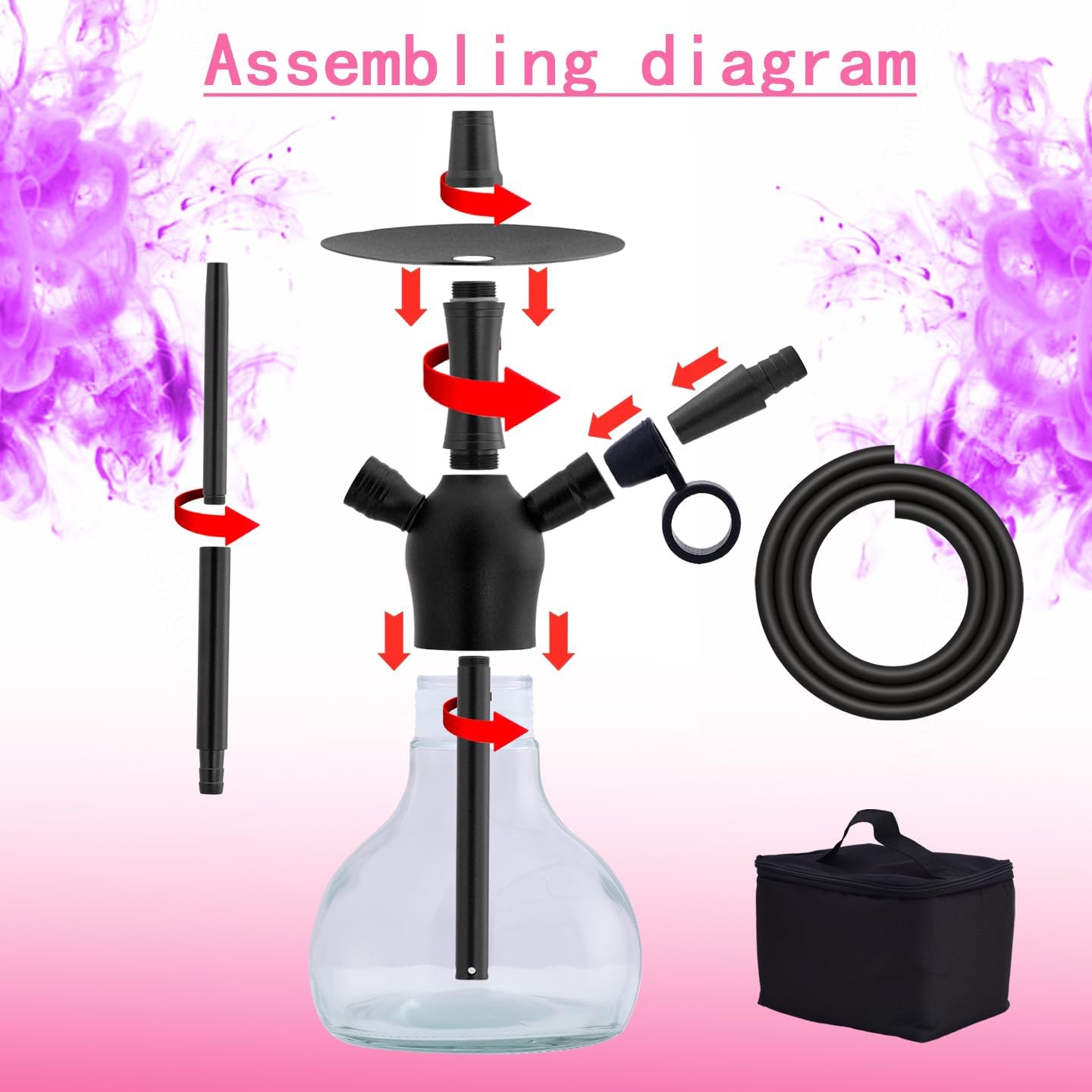 14" Premium Hookah Set - Portable Shisha Kit with Protective Carrying Case, Featuring Silicone Hose, Stainless Steel Bowl & Integrated Charcoal Tray (A-Black)