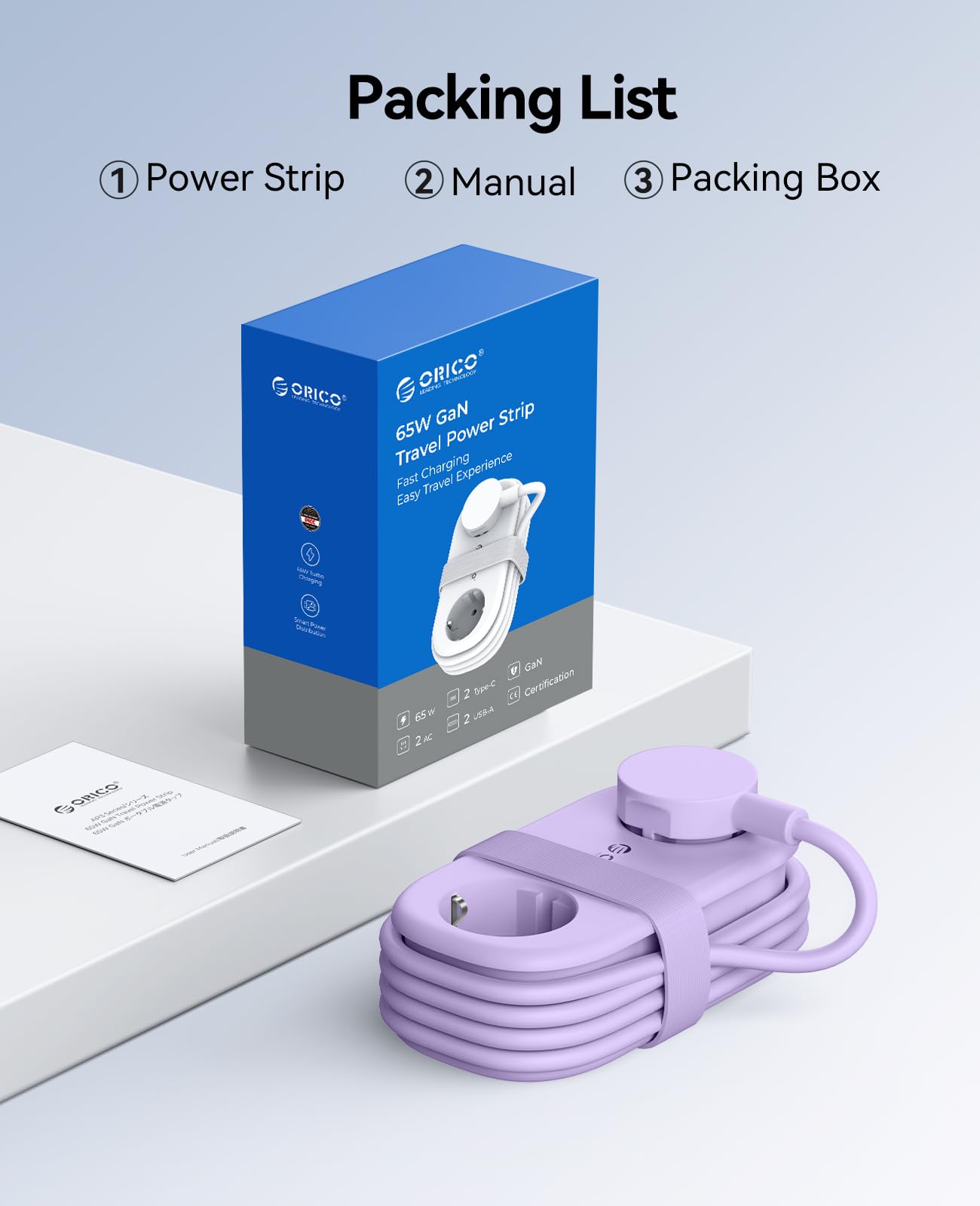 ORICO GaN listwa zasilająca 65 W z USB C, 6 w 1, listwa zasilająca do szybkiego ładowania z 4 USB, przedłużacz o długości 1,6 m, do MacBooka, iPada, telefonu komórkowego, podróży – AP3, fioletowy