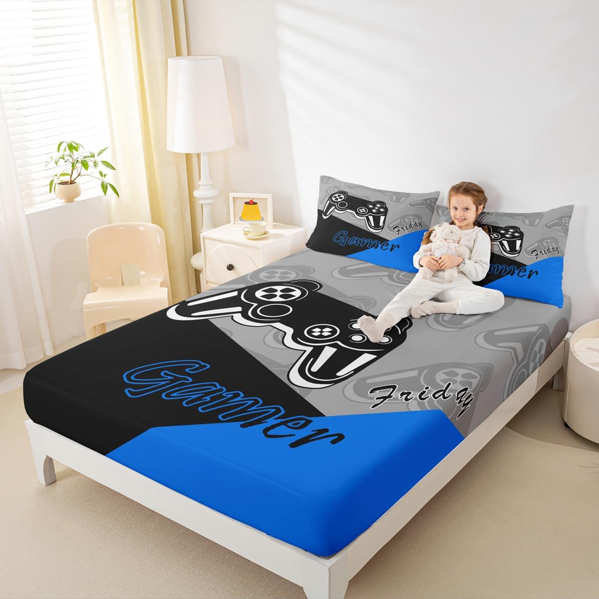 Feelyou Kids Gamer Bed Sheets Set Boys and Girls Gaming Bedding Set Video Game Controller Fitted Sheets 4Pcs Sheets Includes 1 Sheet & 1 Flat Sheet with 2 Pillowcases Blue Black (Full)