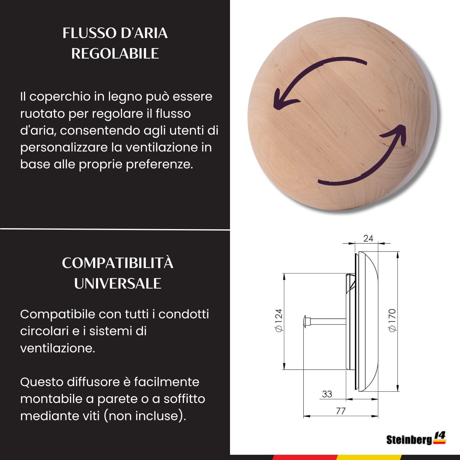 Steinberg14 Diffusore in Legno per Sauna 125mm Griglia di Ventilazione Valvola a Disco Regolata Copertura Condotto Rotondo