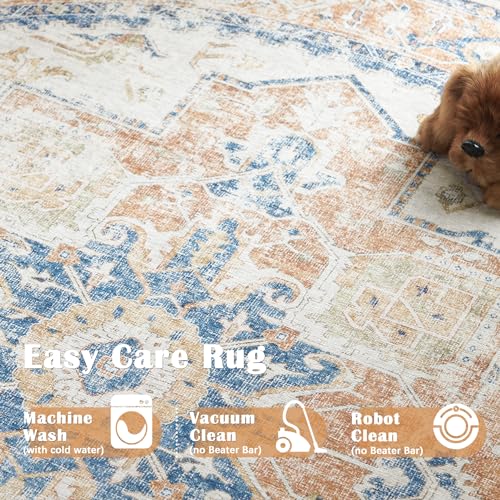 jinchan Kelda Round Rug 4ft Washable Area Rug Indoor Vintage Floor Cover Distressed Circle Mat 4' Round Lightweight Non Slip Low Pile Thin Carpet for Entryway Kitchen Living Room Bedroom Orange by jinchan - Image 5