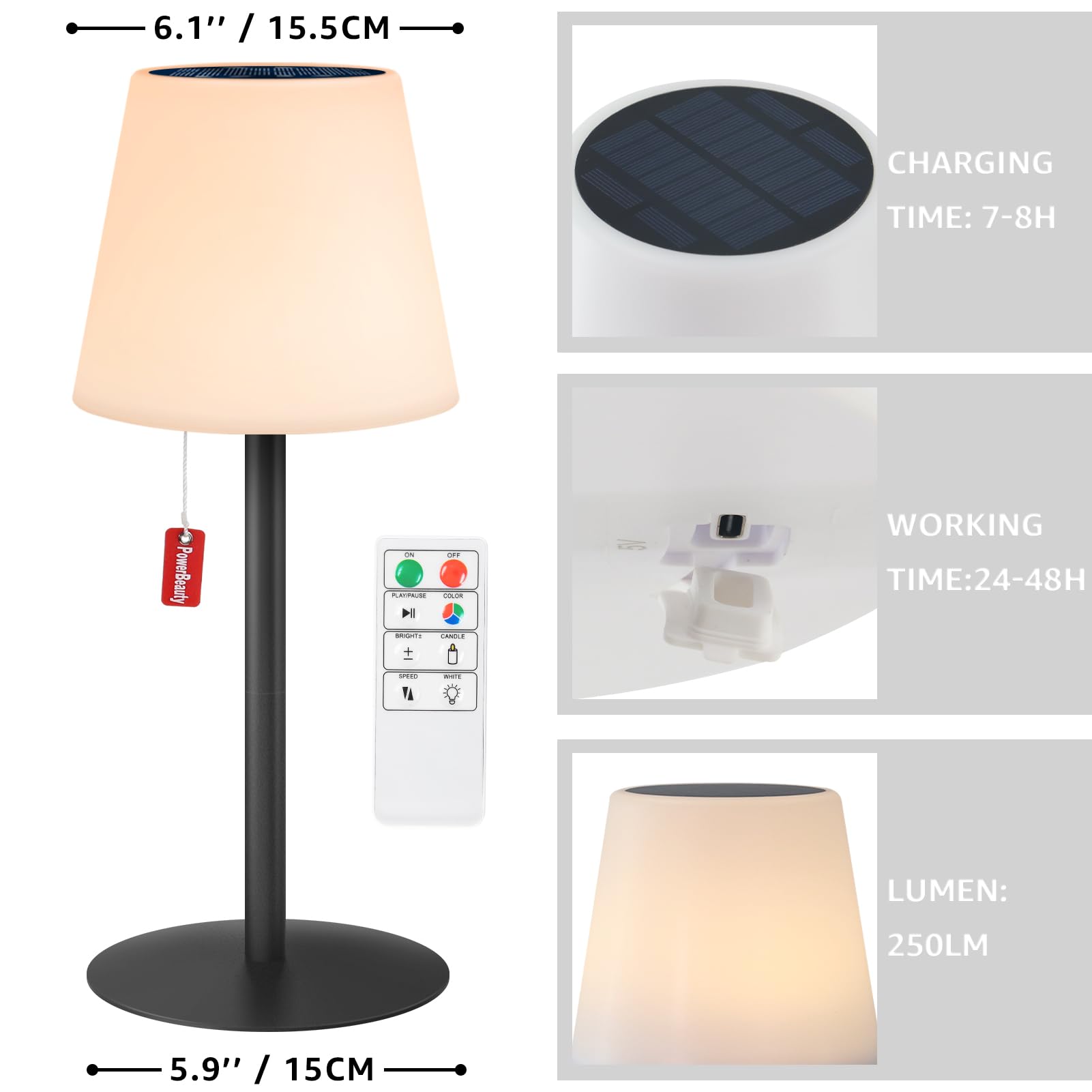 MALUX Solar Tischlampe Outdoor Warmweiß Zugschalter Solare Aufladung & USB-Ladung Fernbedienung Tischlampe Akku 8 Farben Solar Tischleuchte Outdoor Wasserdicht IP54 für Garten Wohnzimmer Terrasse