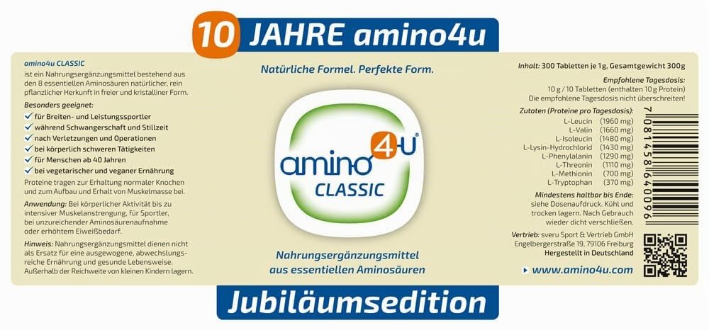 300g Dose - Aminosäuren Komplex mit 8 essentiellen Aminos (EAA & BCAA) - Vegan, ohne Zusätze und aus Deutschland - 300 Tabletten