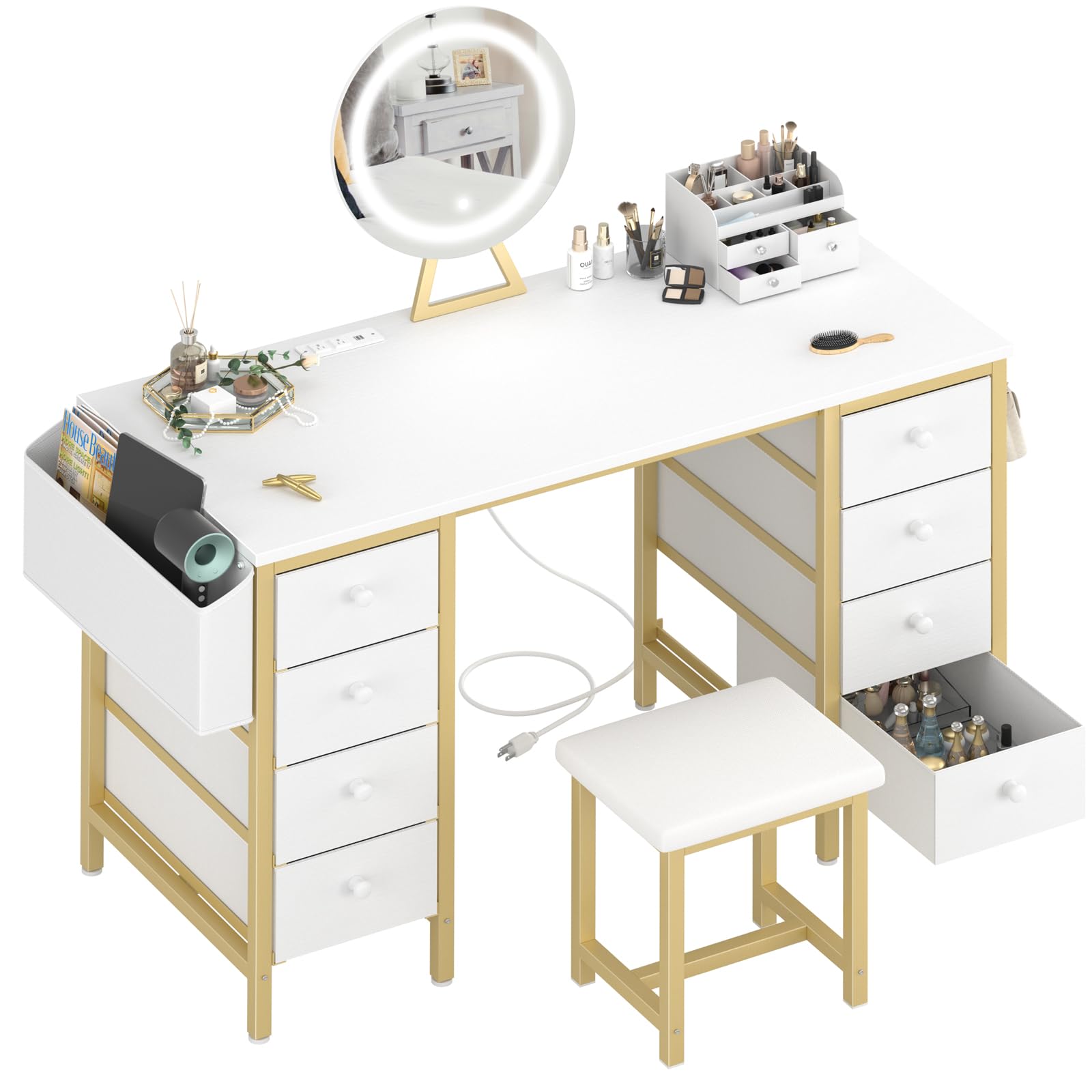 Makeup Vanity with Storage and Lighted Mirror - Gold Vanity Desk with