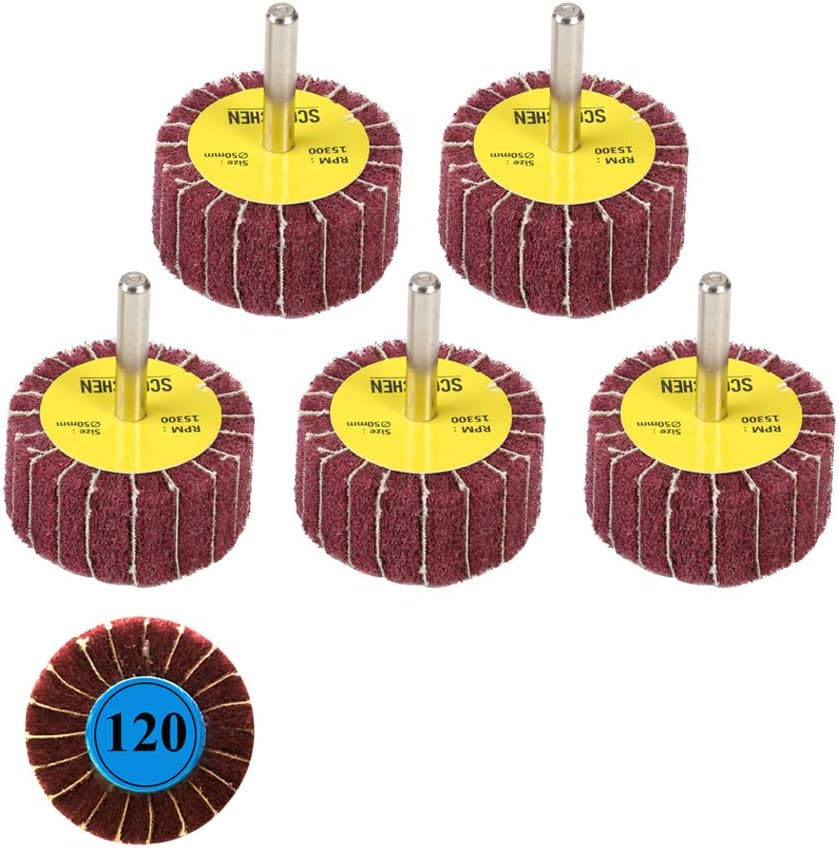 SCOTTCHEN Abrasive Flap Wheel Sander 2"x1" x 1/4" Shank Mounted Non-woven Interleaves for Drill Grit 120 - 5 Pack