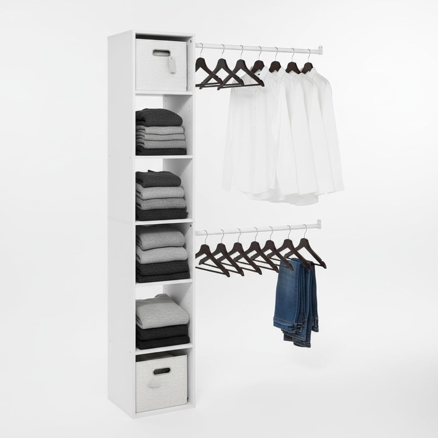 Fano Closet Storage Organizer Shelf Tower with 2 Adjustable Hanging Bars & 5 Shelves, White