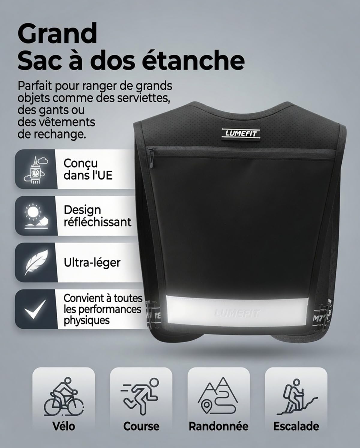 LUMEFIT Gilet Running - Gilet Réfléchissant & Sac à Dos Réglable avec Porte-Téléphone, Pochette Imperméable & Gourde 500ml - pour Homme et Femme, Idéal Course à Pied & Trail