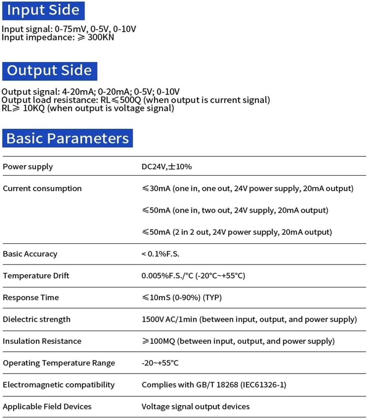 Dc24v 4-20mA Signal Isolator 0-10V 0-5V 1 in 1 Out Analog Signal Isolator DC Current Voltage Signal Converter Signal Transmitter(Output 4-20mA)