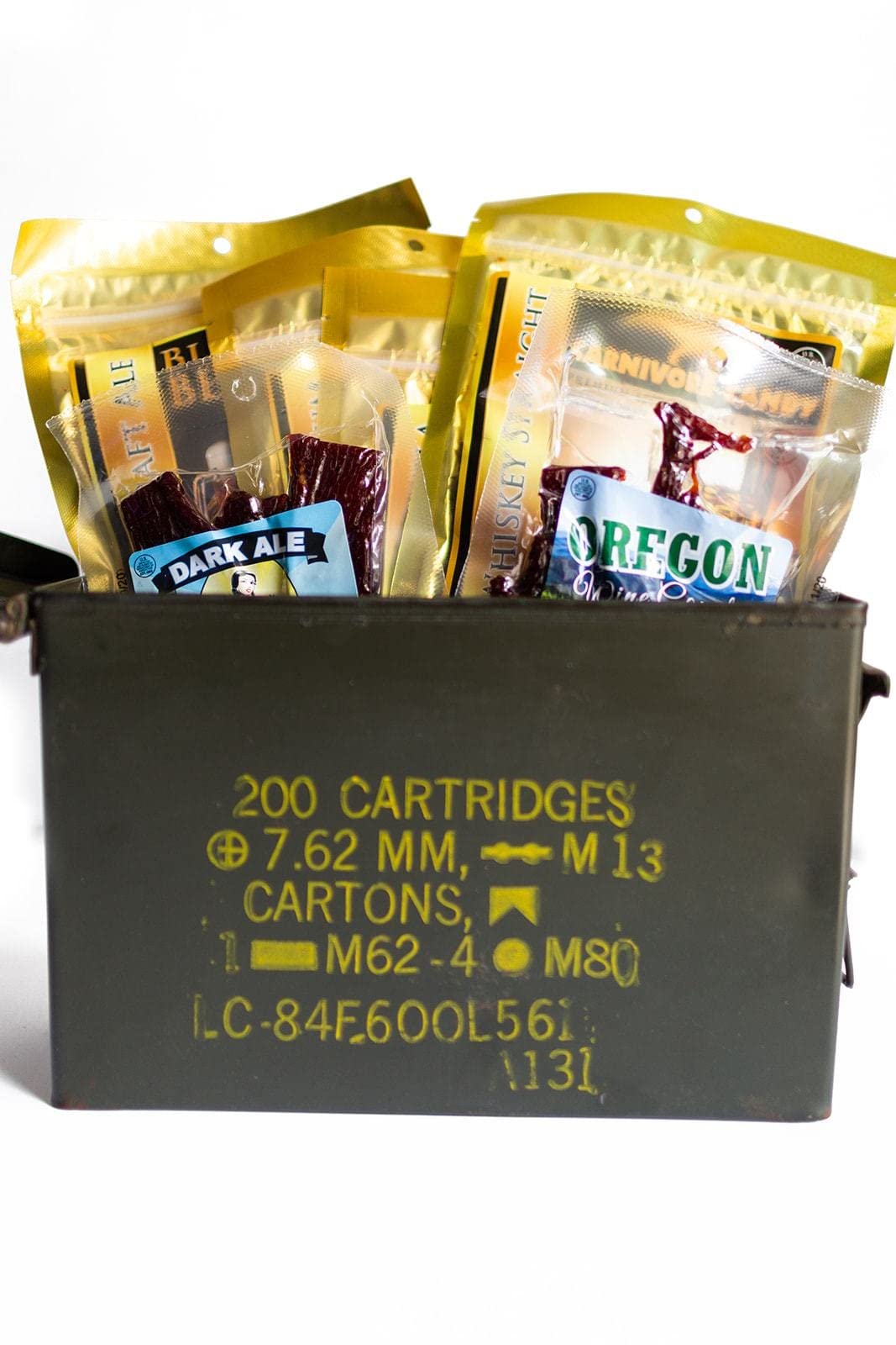Jerky Dynasty Ammo Can Alcohol Jerky Gift Pack in a Ammo Can - Premium Whole Pieces & Sticks for Camping, Hiking, Fishing, Hunting, and Apocalypse Prepping - Long Shelf Life