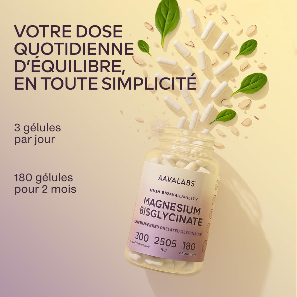 Magnesium Bisglycinate 2505mg | Magnesium Glycinate Chelaté Hautement Biodisponible 300mg Élémentaire - Bisglycinate de Magnésium Non Tamponé, Vegan - Fatigue, Sommeil, Muscles - 180 Gélules
