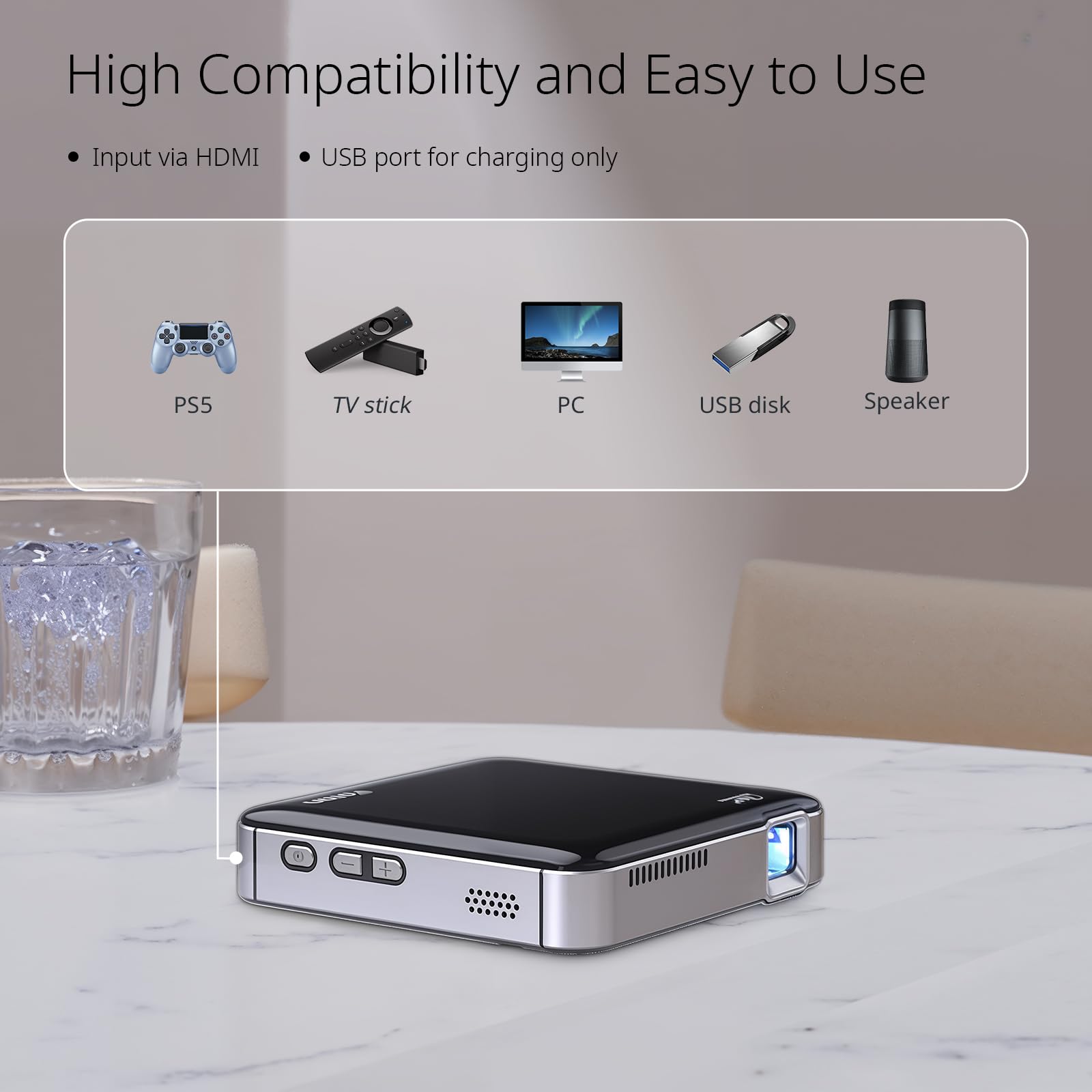 Yoton Proiettore Mobile DLP Mini Silenzioso Home Cinema Portatile 1080P Supporto 150ANSI Batteria Incorporata Ricaricabile Ad Alta Capacità HDMI/PS5/TV