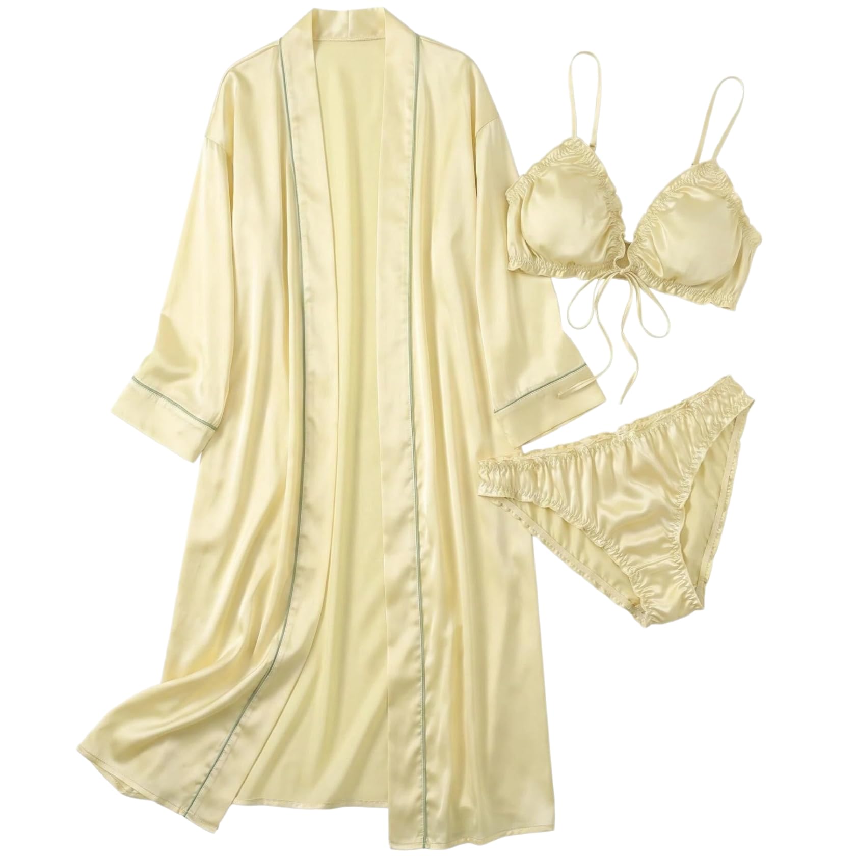 Vestaglia Sposa Completo Intimo da Donna Sexy Composto da Slip Vestaglia Lunga E Accappatoio in Raso con Volant E Imbottitura Composto da Tre Pezzi.
