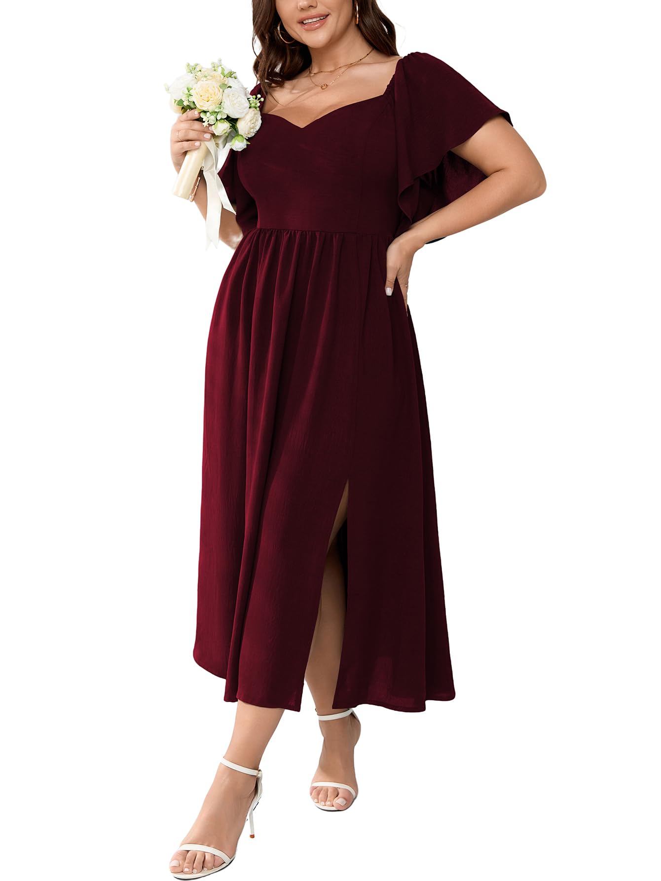 Photo 1 of SCOMCHIC Women Plus Size Dresses Short Sleeve Sweetheart Neckline Wedding Guest Cocktail Smocked A Line Slit Maxi Dress Burgundy