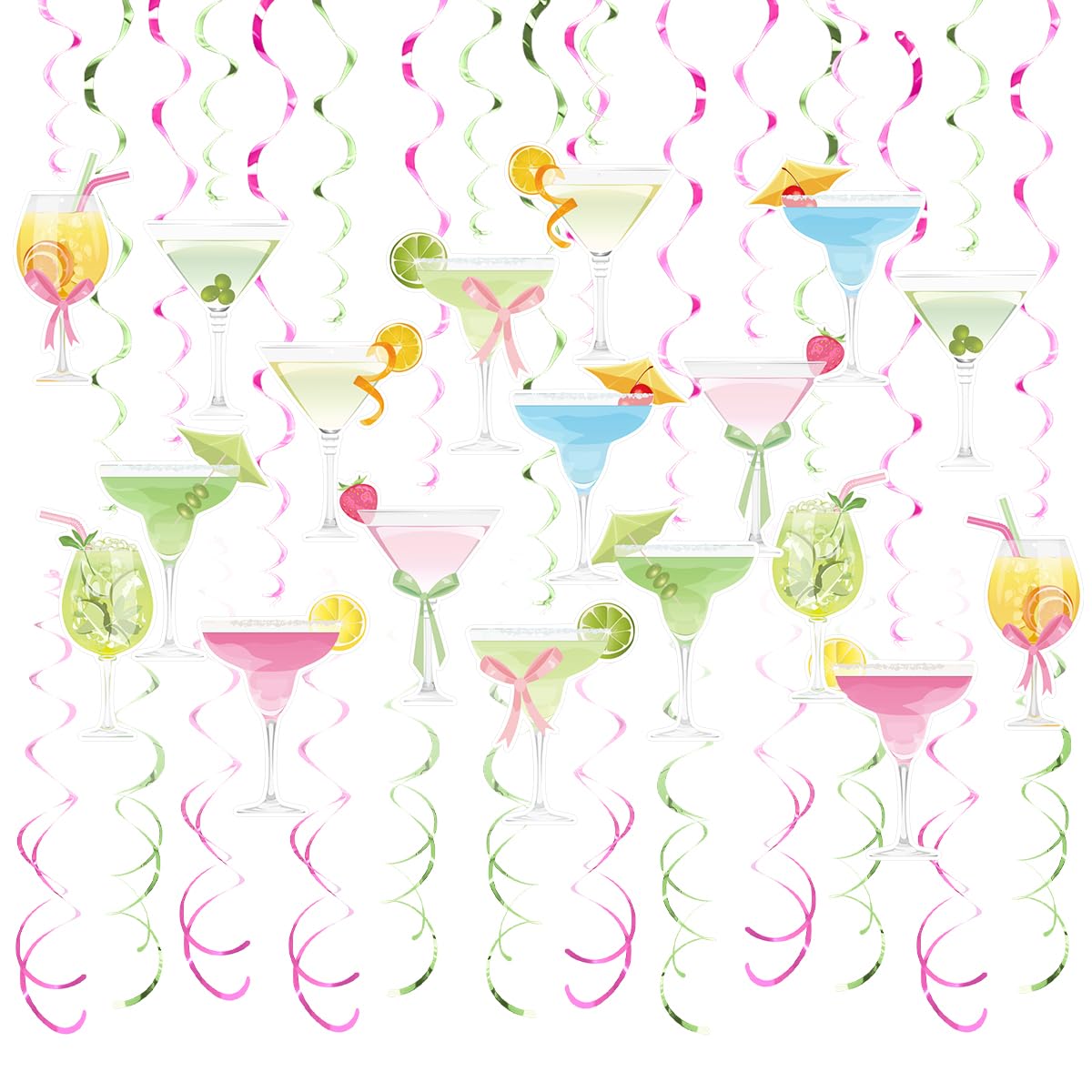 We Moment Zone 48 Pack Martini Hanging Swirls, Green & Pink Cocktail Party Decorations with Martini Glass & Olive Designs for Hen Party, Girls Night, Wedding Cocktail Hour & NYE Supplies