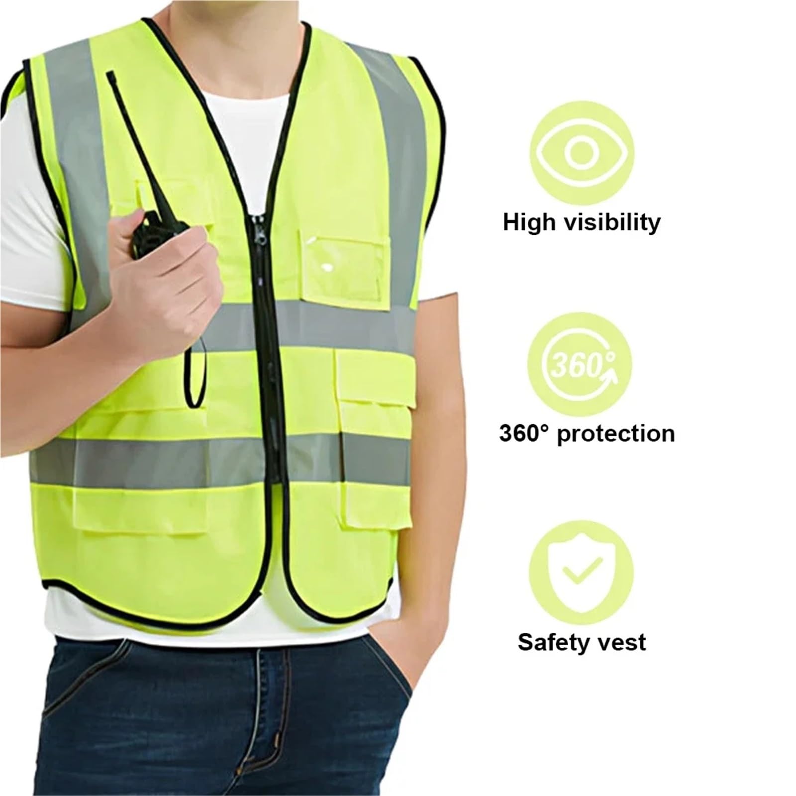 Gilet da lavoro ad alta visibilità con cerniera riflettente sul davanti